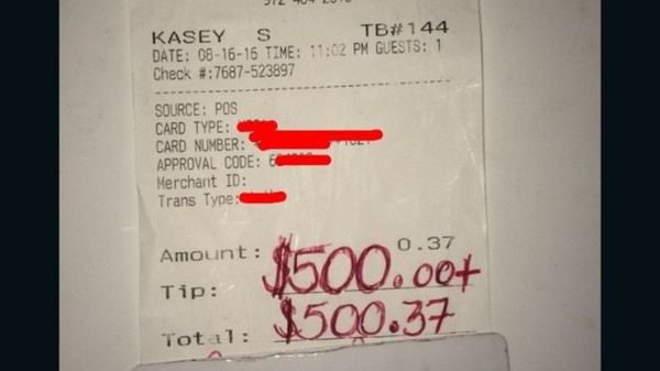 Офіціант американського кафе отримав 500 доларів чайових від відвідувачки, яка замовила лише воду